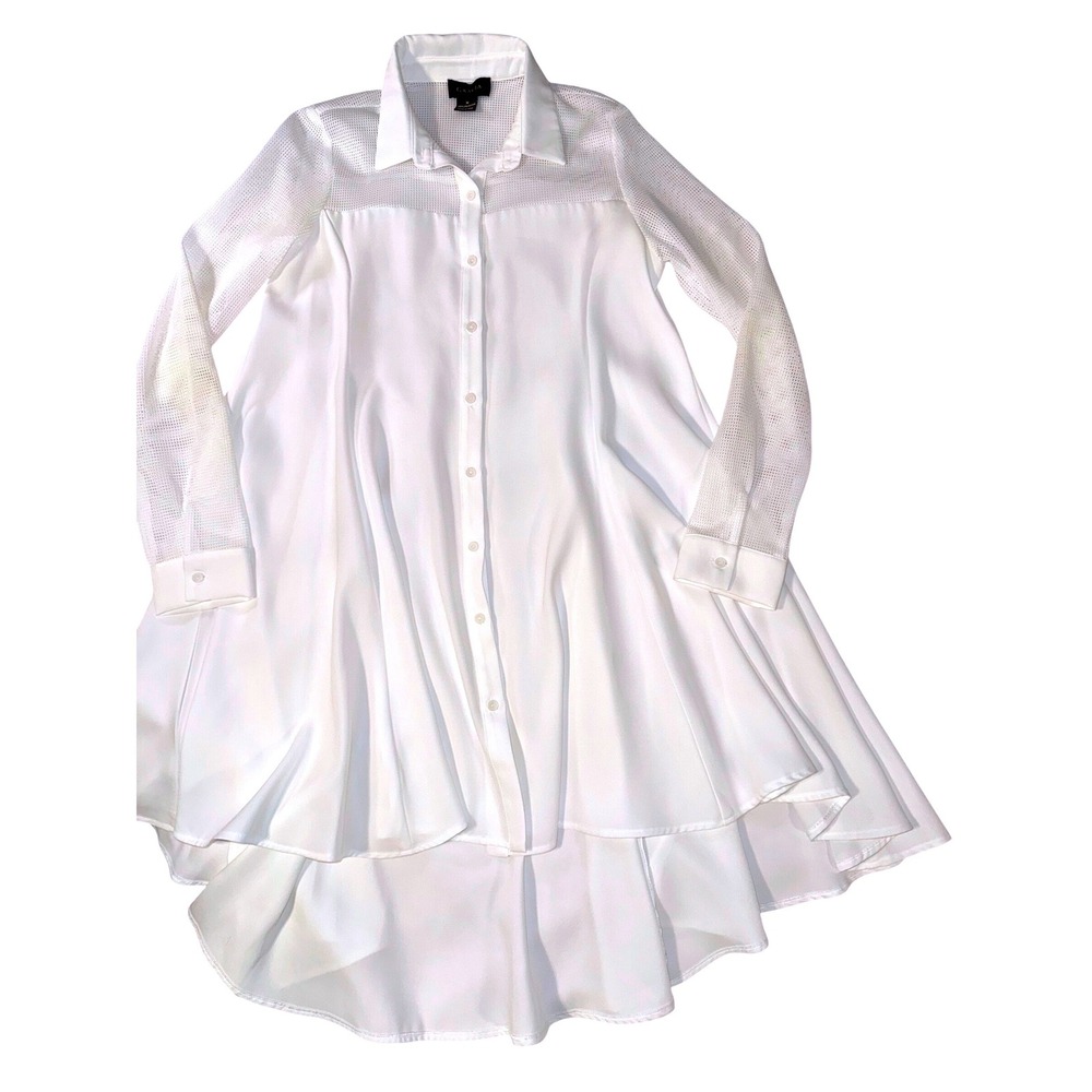 Gracia White Mesh Panel High-Low Button Down Tunic Shirt D23566 Womens Medium